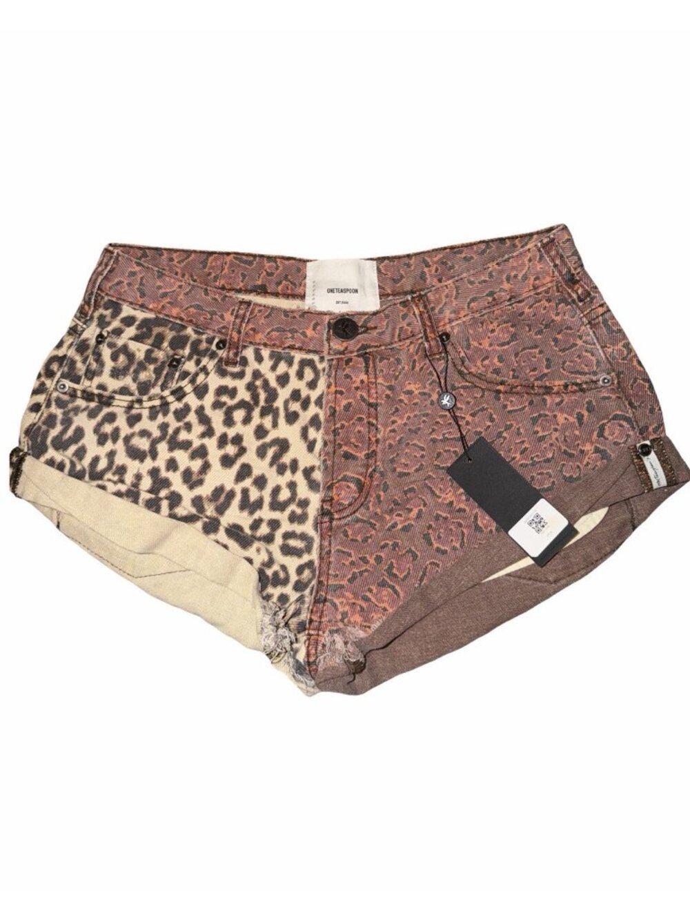 New One Teaspoon Womens Denim Shorts Two Tone Leopard Sz 28 Fits W 32 Festival